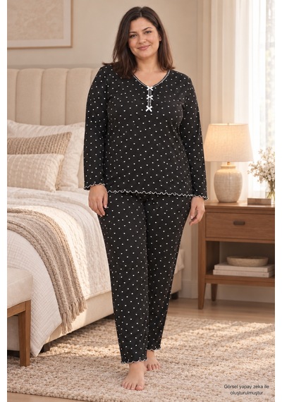 Seboteks Mevsimlik İnce Kumaş Kalp Desenli Uzun Kollu Büyük Beden Kadın Pijama Takımı 3177 Siyah Seboteks Mevsimlik İnce Kumaş Kalp Desenli Uzun Kollu Büyük Beden Kadın Pijama Takımı 3177 Siyah