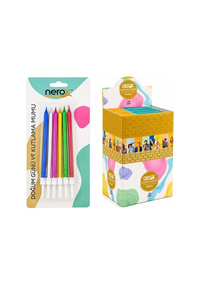Nerox Nrx-3016 Renkli Doğum Günü Mumu - 6'lı Beyaz Plastik Tutacaklı- 24'li Paket