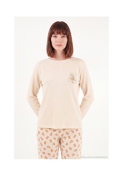Lela Yumuşak Dokulu Desenli Uzun Kollu Pijama Takımı Kadın Pijama Takımı 6575018 Krem