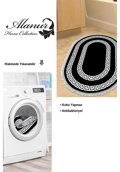 Dekoreko Kaymaz Taban Djt Banyo Halısı Star Pamuk Saçaklı Oval Modern 650m Siyah