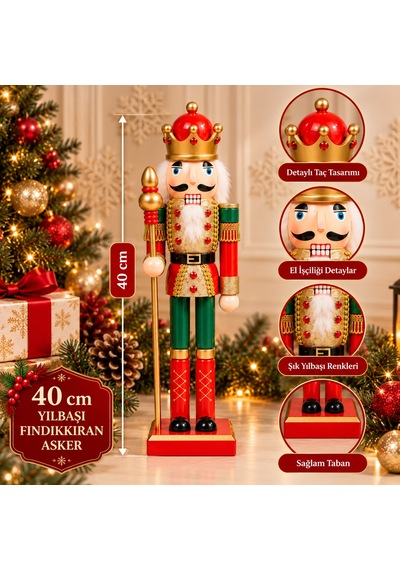 Bakgelal 40 Cm Taçlı Kral Fındıkkıran Kurşun Asker Biblo, Kırmızı-yeşil Klasik Yılbaşı Dekoratif Ev Süsü - 9057829133342