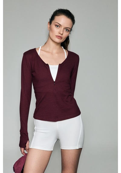 Grımelange Polunea Kadın V Yakalı Önü Fermuar Kapamalı Vücuda Oturan Slim Fit Bordo Bluz bordo
