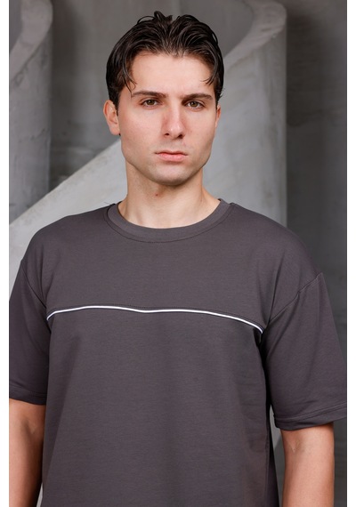 Erkek Garnili Şeritli Oversize Bisiklet Yaka 2 İki İplik Kompakt T-shirt Kahverengi