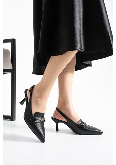 Dericia Shoes Infinity Hakiki Deri Kadın İnce Topuklu Arka Açık Ayakkabı Siyah