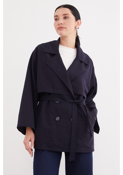 Fullamoda Pelerinli Kuşaklı Geniş Kol Oversize Trençkot Lacivert