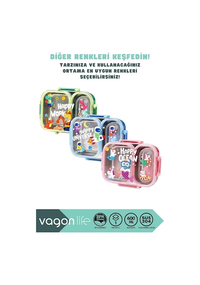 Bento 600ml Lunchbox Sevimli Desenli Tek Katlı 2 Bölmeli Sızdırmaz Paslanmaz Çelik Sefer Tası Çocuk Okul Yemek Kutusu Plastik Kaşık Hediyeli Bpa Yok Özel Kutulu - Mavi Cok Renkli