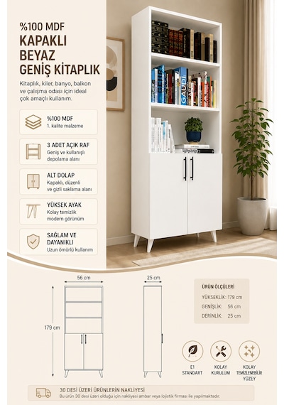 Renazzo %100 Mdf Kapaklı Tekli Modül Ayaklı Geniş Beyaz 179x56 Cm