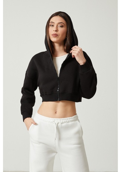 Twenty3 Kadın Basic Fermuarlı Kapüşonlu Crop Kalın İçi Polarlı Örme Sweatshirt 001