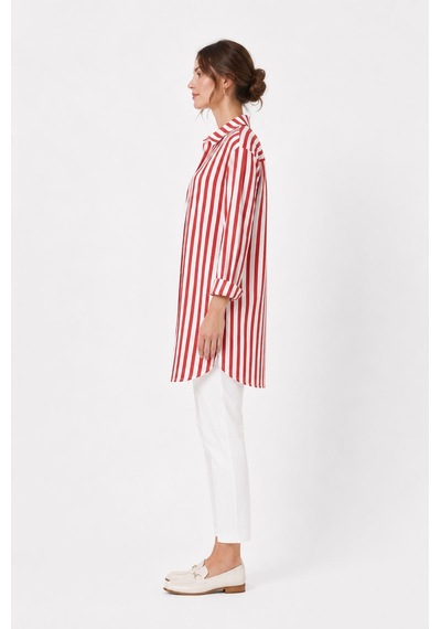 Neden Tekstil Uzun Kollu Kırmızı Beyaz Çizgili Kadın Overshirt Gömlek