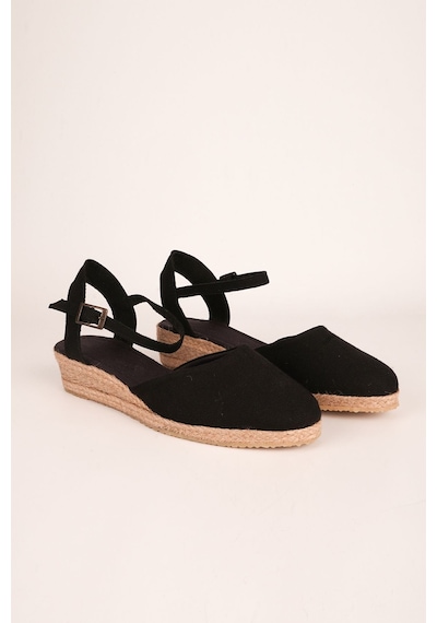 Star Tombis Gerçek Elişi Topuğu Açık Bilekten Bantlı 3cm Dolgu Topuk Siyah Keten Hasır Espadril Handmade Siyah