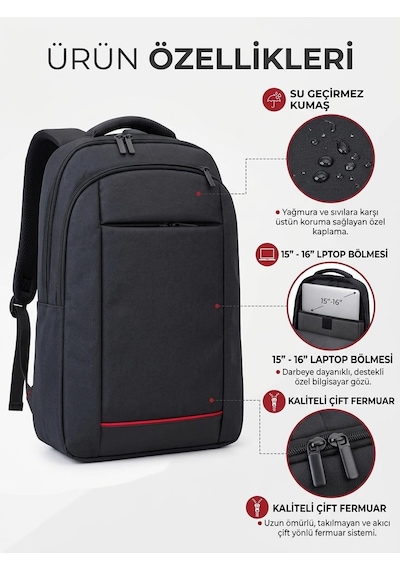 Laptop Sırt Çantası 15.6" İnç Su Geçirmez Günlük Sırt Çanta Ekstra Dolgu Destekli 8683255014248 Siyah