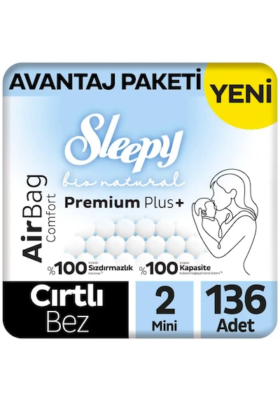 Sleepy Bio Natural Premium Plus Airbag Comfort Avantaj Paketi Bebek Bezi 2 Numara Mini 136 Adet