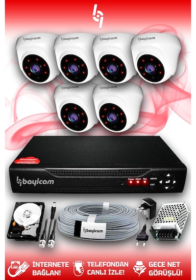 Bayicam 6 Kameralı Dome 6 İç Kamera Set 1 TB HDD Full HD Gece Görüşlü Güvenlik Kamerası Sistemi