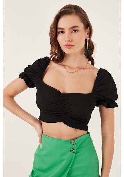 Lela Slim Fit Büzgü Detaylı Kalp Yaka Crop Bayan Bluz 5865601 Siyah