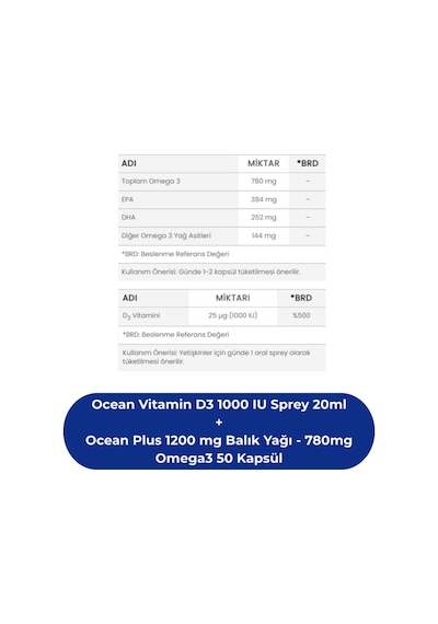 Ocean Vitamin D3 1000 Iu Sprey 20 ML + Ocean Plus 1200 Mg Balık Yağı 780mg Omega3 50 Kapsül