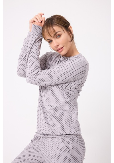 Lespadon Ocean Rıpple Premium Örme Pamuk Uzun Kollu Henley & Uzun Pantolonlu Kadın Pijama Takımı-3232 Gri