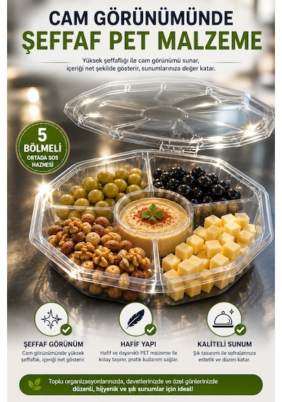10'lu Sekizgen 5 Bölmeli Kendinden Kapaklı Pet Gıda Kabı 900 Cc Şeffaf Sızdırmaz Sunum Kabı 23 Cm Set