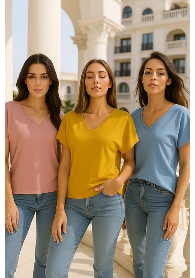 Kadın 3'lü Paket Pembe-mavi-hardal Viskon Ön Arka V Yakalı T-shirt Yarasa Kol Relaxed Bluz Çok Renkli