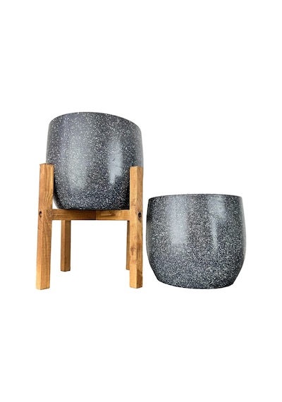 Bitki Tasarımı Ev Dekorasyon Aksesuar Gri Granit Toprak Saksı Saksılık Salon Çiçeklik İkili Set Ayaksız - 4 Ayaklı- 19 Cm
