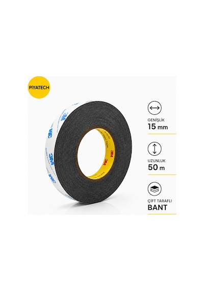 3m Scotch Çift Taraflı Bant 15 Mm X 50 Metre Güçlü Yapıştırıcı Siyah Akrilik Bant Ekran Cam Kasa Kapak Tamir Bandı