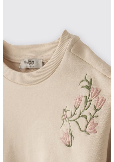 Panço Kız Bebek Nakış Detaylı Yumuşak Dokulu Bej Sweatshirt Krem