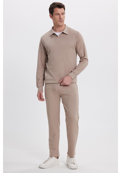 Tudors Erkek Slim Fit Dar Kesim Beli Bağcıklı 3 Cepli Geniş Paça Koyu Vizon Eşofman Altı-41914 Vizon