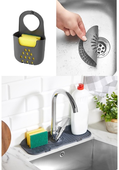 Antrasit Gri Su Tutucu Musluk Matı + Lavabo Süzgeci + Askılı Bulaşık Süngeri Düzenleyici 3 Lü Set Si Diğer