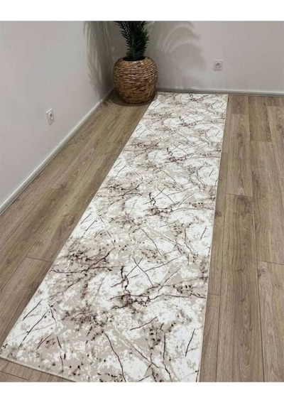 Venüs Ekru Mermer Desenli Kaymaz Yıkanabilir Ince Rulo Kesilebilir Jel Halı Bej