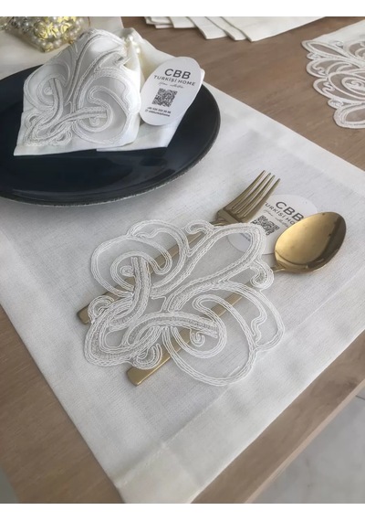 Vaveni Sofra Takımı Taç Gardenya Keten Yemek Takımı 160x260 Masa Seti 26 Parça Runner Set Krem Arz