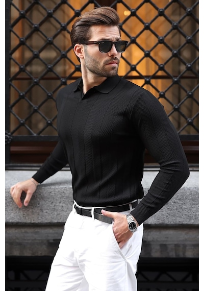 Madmext Siyah Regular Fit Polo Yaka Triko Erkek Kazak E7509