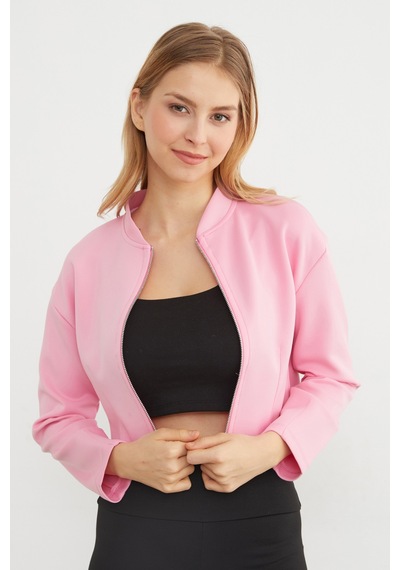 Fullamoda Fermuarlı Hakim Yaka Crop Spor Ceket Pembe