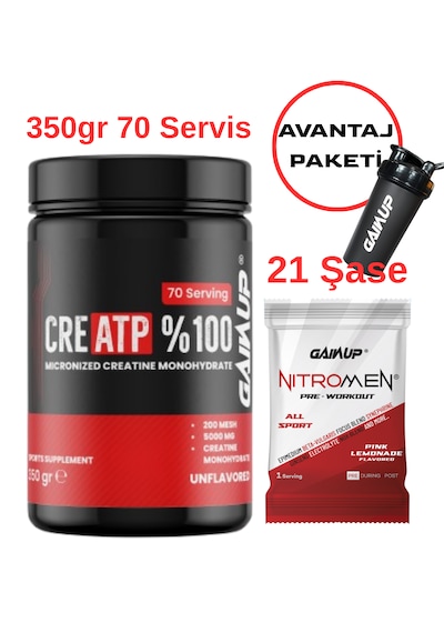 Gainup Creatp Creatin 350gr Aromasız + Nitromen 21 Şase + Shaker Avantaj Paketi Aromalı