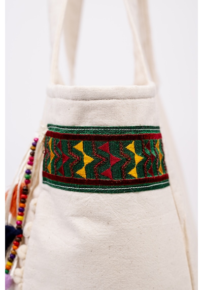 Fabric Craft Bag Omuz Çantası Bohem Nakışlı Püsküllü Pamuklu Krem 45x35 Krem