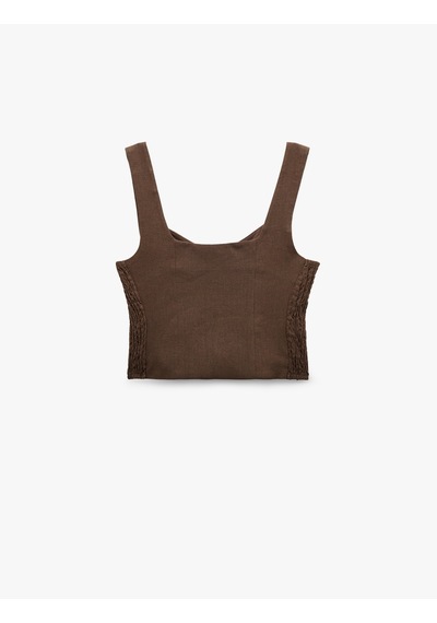 Koton Astarlı Düğmeli Askılı Keten Crop Bluz Kahverengi 5sak30104pw Kahve