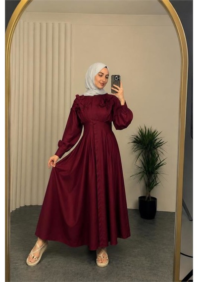 Neşeli Butik Kadın Bordo Belden Oturtmalı Çiçek Detaylı Premium Tesettür Elbise Nbvq4933