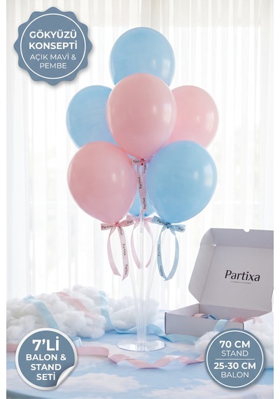 Gökyüzü Ve Gökkuşağı Konsept Balon Standı Seti 70 Cm Masa Standı 7 Adet Lateks Balon Mavi Pembe Çok Renkli