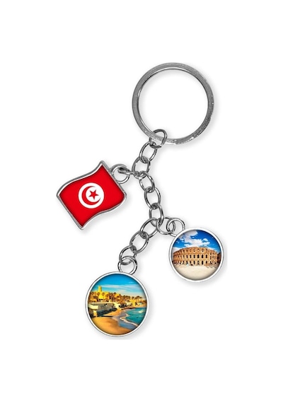 Tunus Üçlü Epoksi Metal Çift Taraflı Damla Anahtarlık Tunisia Gümüş