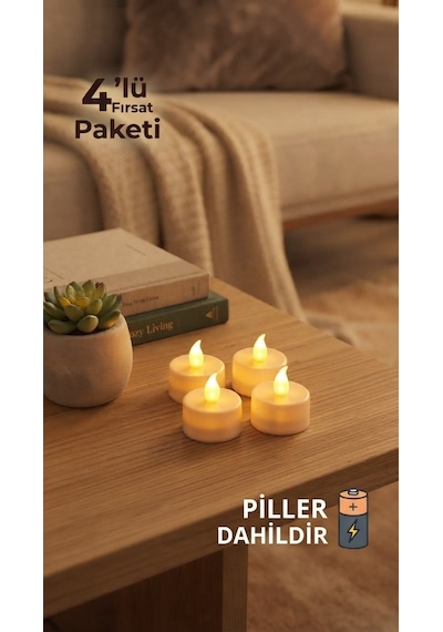 4'lü Pilli Led Tealight Mum Seti - Sıcak Sarı Işık - Piller Dahildir - Dekoratif Yalancı Mum