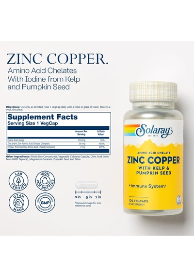 Solaray Zinc Copper With Kelp & Pumpkin Seed Iodine 100 Vegcaps