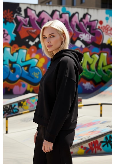 Benerly Kadın Kapüşonlu Düşük Kol Oversize Crop Sweatshirt Fonksiyonel Da siyah