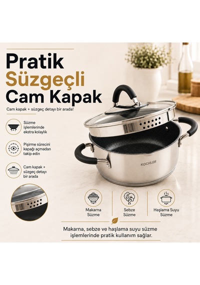 8 Parça Paslanmaz Çelik Tencere Seti İndüksiyon Ocak Uyumlu, Süzgeç Kapaklı Gümüş