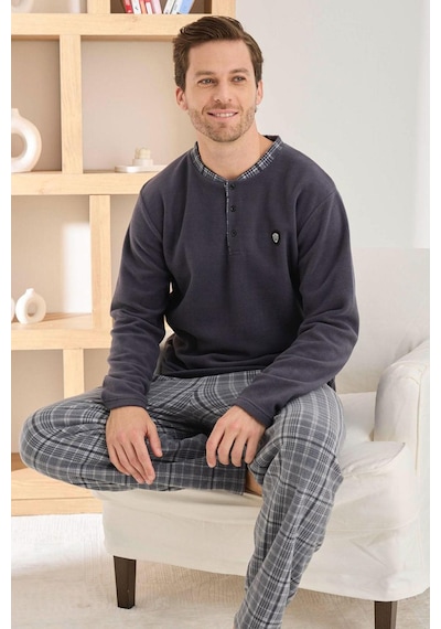 Pijamoni Erkek Düğme Yaka Kışlık Polar Pijama Takımı 6100/14,1 - 1 Adet Füme