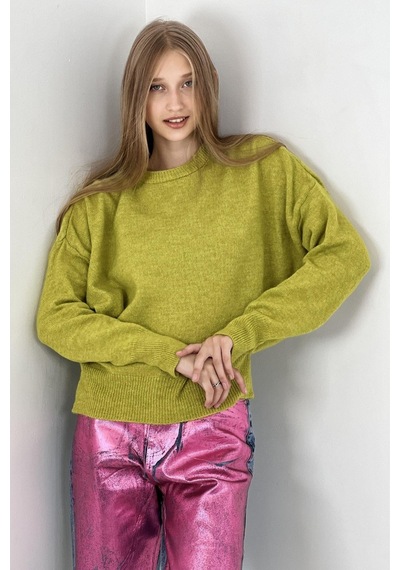 Miss Poem Kadın Oversize Bisiklet Yaka Uzun İnce Yeşil Triko Kazak Yesil