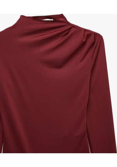 Koton Slim Fit Uzun Kollu Drape Detaylı Hafif Dik Yaka Bodysuit Bordo 7wak80008ek