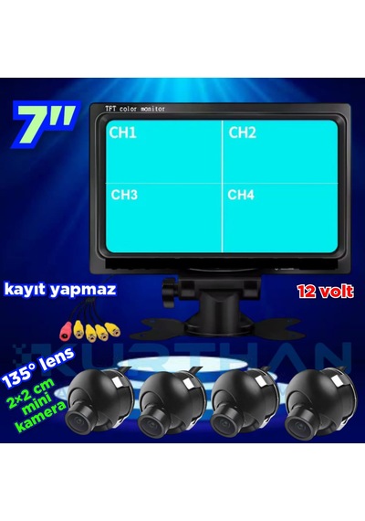 4 Adet Mini Kasa Kamera Ve 7 İnç Kayıtsız Monitör 12 Volt
