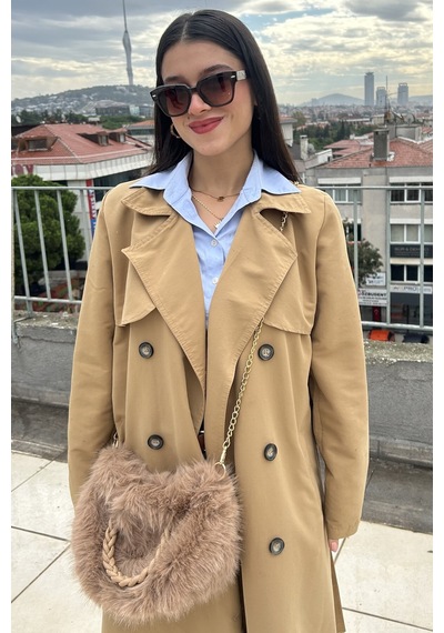 Mollycrush Kadın Camel Kürk Detaylı Zincirli Ve Örgü Saplı El Ve Omuz Çantası Yumuşak Peluş Kışlık Şık Baget Camel