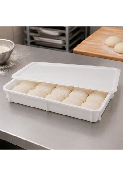 40x30 Cm Profesyonel Pizza Hamur Tepsisi Kapaklı 7.5 Cm Yükseklik Pp Gıda Uyumlu Hamur Teknesi Beyaz