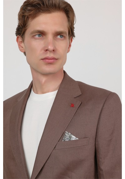 İmza Kahverengi Mono Yaka Keten 6 Drop Slim Fit Yarım Astar %100 Keten Takım Elbise 1001260164 Sütlü Kahverengi