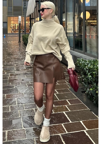 Madmext Kahverengi Mini Boy Kadın Deri Etek Mg2298 Kahverengi