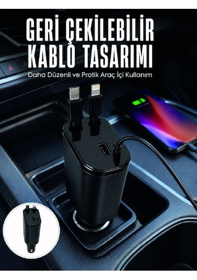 Dijital Voltaj Göstergeli Araç Şarj Cihazı Geri Çekilebilir Kablolu 4 Portlu Hızlı Şarj Adaptörü